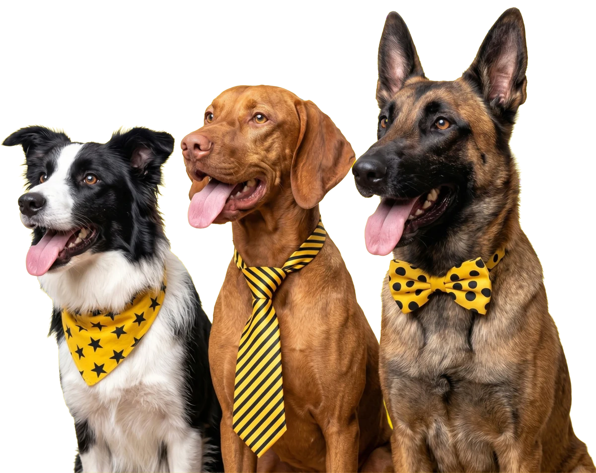 Three dogs wearing yellow ProDog accessories
