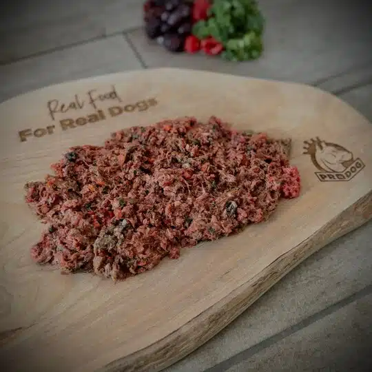 One of Prodog Raws Complete meals set out on a chopping board