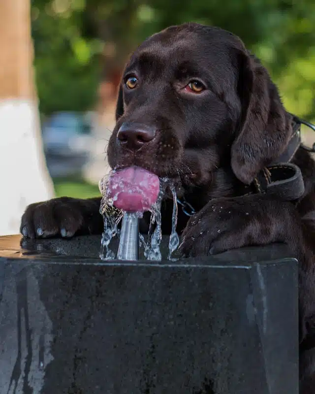 Dog keeping hydrated by drinking from a fountain.